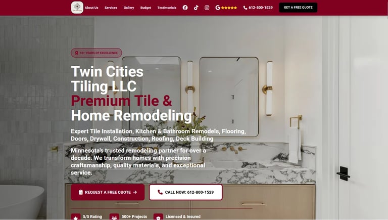 Twin Cities Tiling LLC website homepage featuring bathroom remodeling services