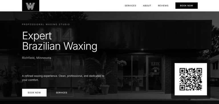Professional waxing studio website homepage featuring Expert Brazilian Waxing services in Richfield, Minnesota with QR code
