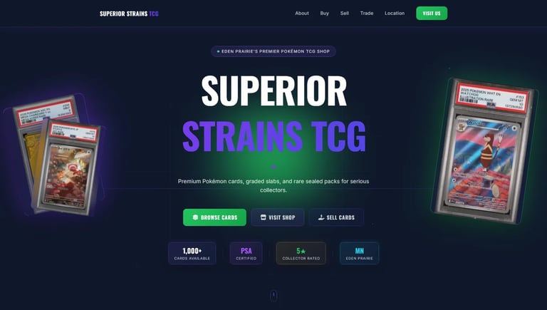 Superior Strains TCG website homepage featuring graded Pokemon cards