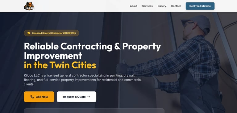 Contractor website homepage featuring a licensed general contractor in hard hat and safety vest working on a building, with headline text about property improvement services in the Twin Cities
