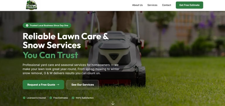 Professional lawn care website showing a man using a riding lawnmower with text promoting reliable lawn care and snow services