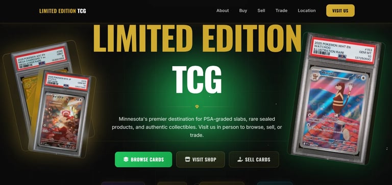Limited Edition TCG website showing graded trading cards with navigation menu and action buttons for browsing cards
